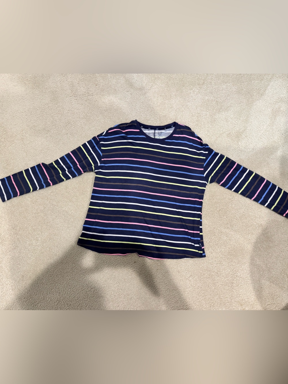GAP Navy Long Sleeve Tee with Pink Yellow White and Blue Stripes